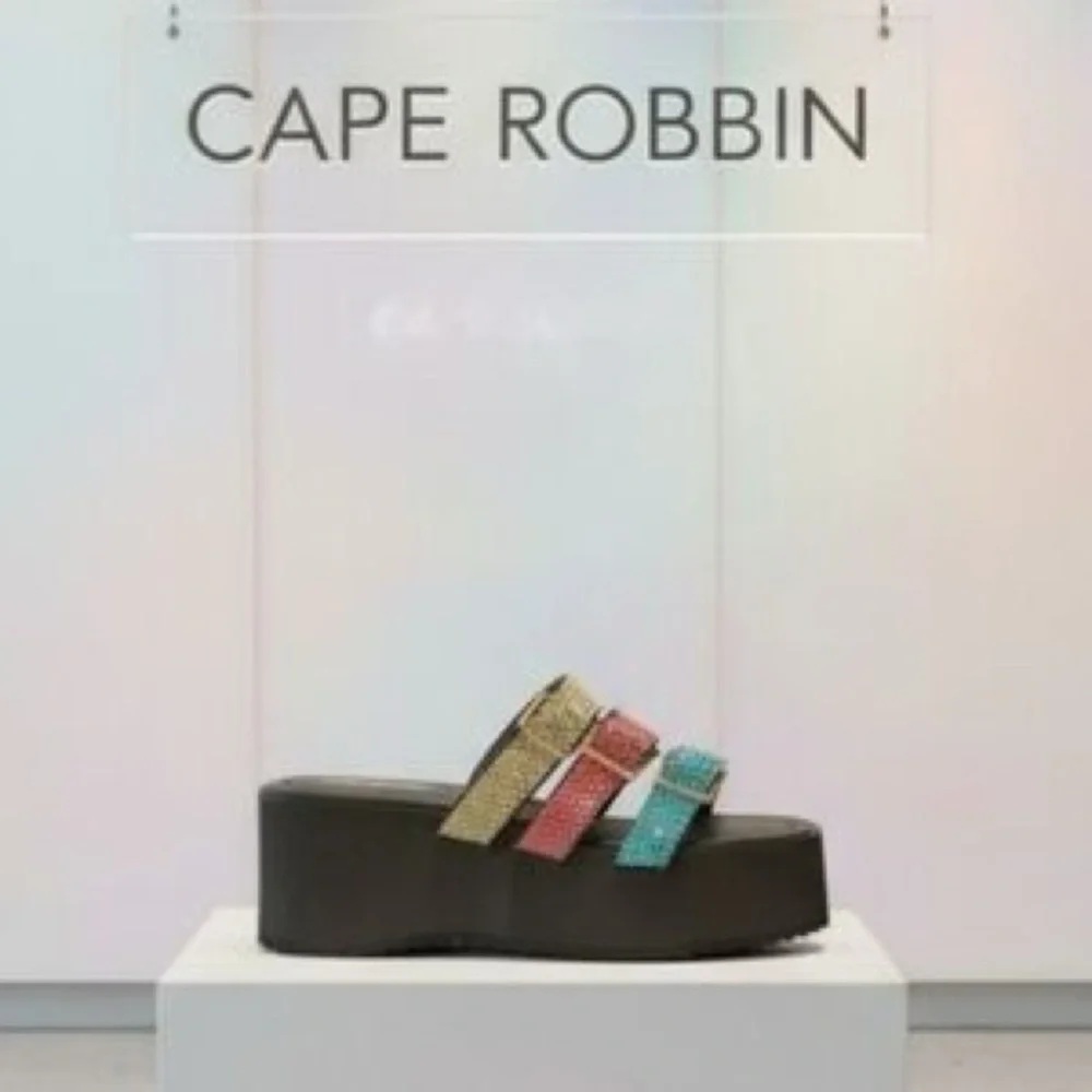 😎Cape Robbin Yellow, Coral & Teal Triple-Strap Platform Slide☀️BRAND NEW IN BOX